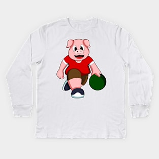 Pig at Bowling with Bowling ball Kids Long Sleeve T-Shirt